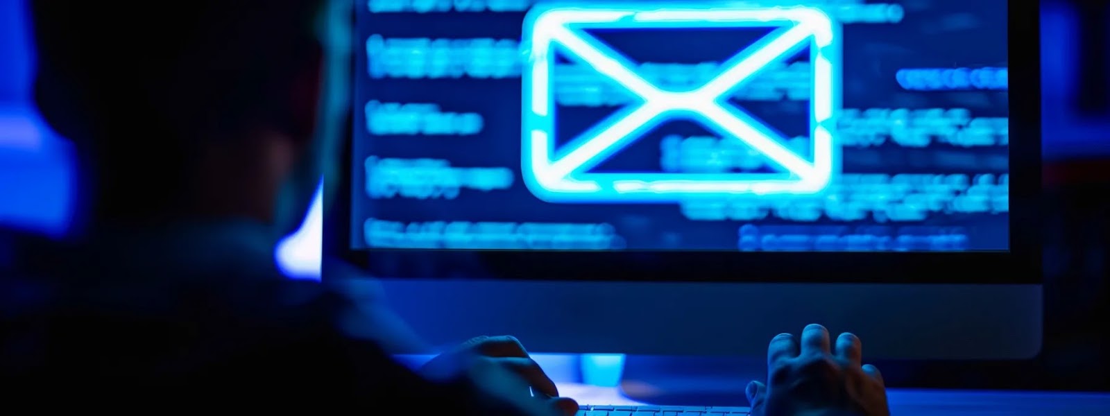 a computer screen displaying a convincing email from a fake bank, with a blurred background of a shadowy p typing furiously on a keyboard, illustrating the complexities of phishing scams.