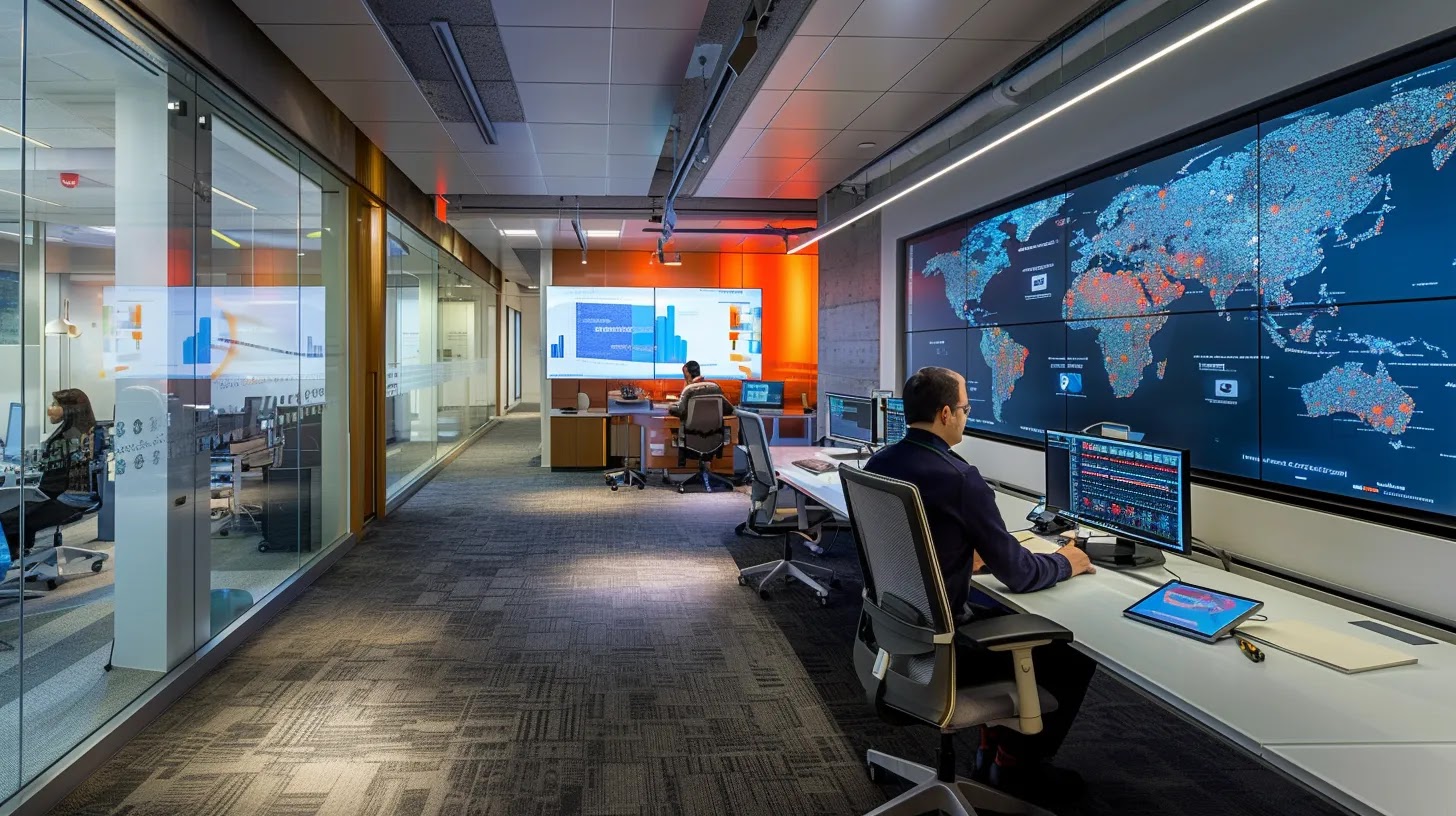 a high-tech office environment showcases a digital dashboard displaying real-time network traffic analytics, with a focused cybersecurity analyst intently monitoring suspicious user behavior and file system changes under dynamic, dramatic lighting.