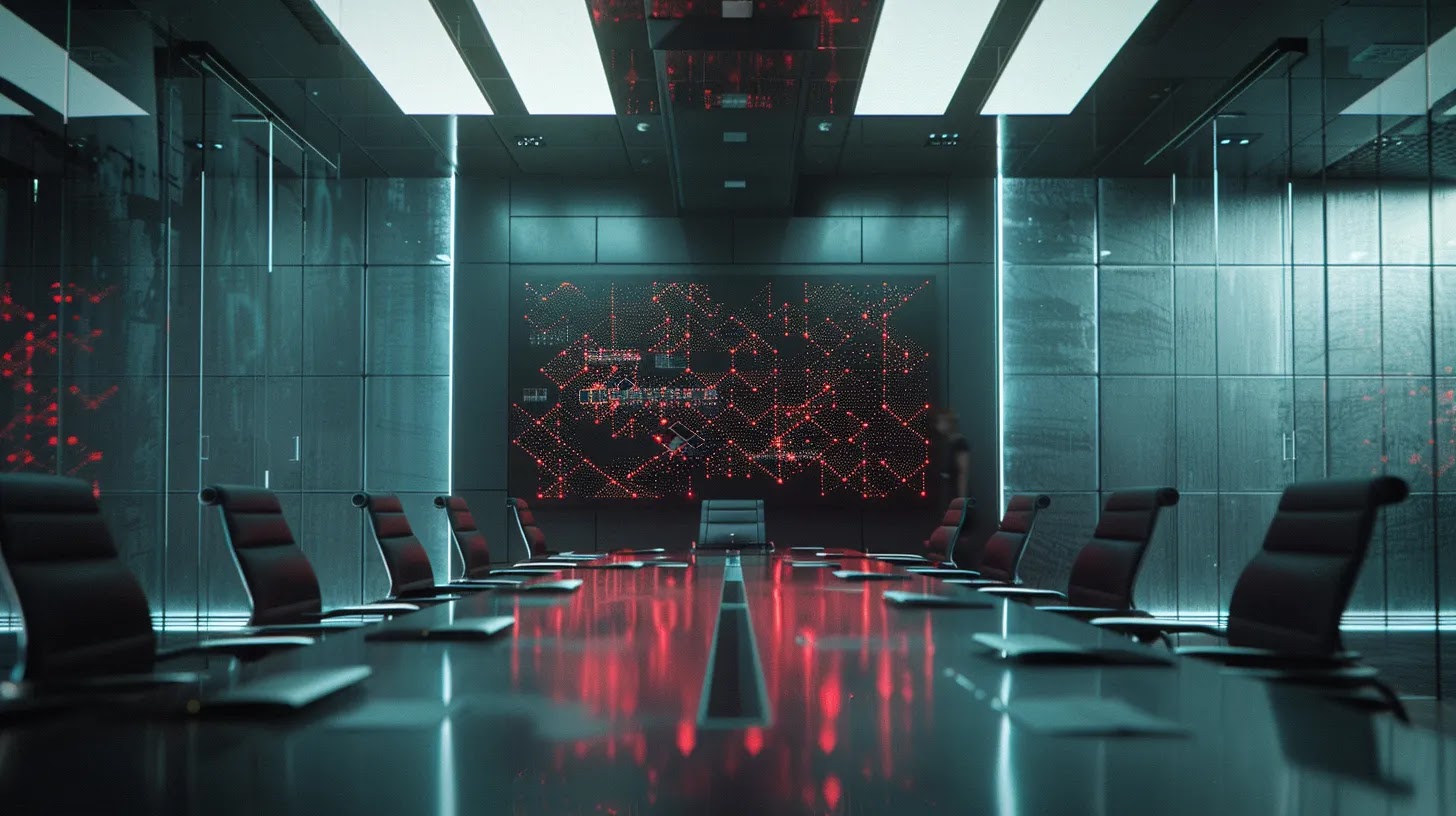 a sleek, dimly lit office conference room features a large digital screen displaying a network diagram of iot devices interconnected, highlighting vulnerable communication protocols with bright red markers.