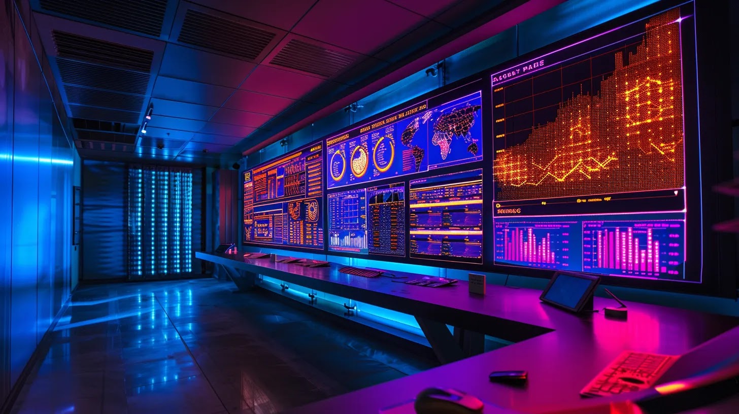 a sleek, modern data center filled with glowing server racks, featuring a large digital screen displaying intricate network traffic graphs and analytical data, emphasizing the complexity of deep packet inspection (dpi).