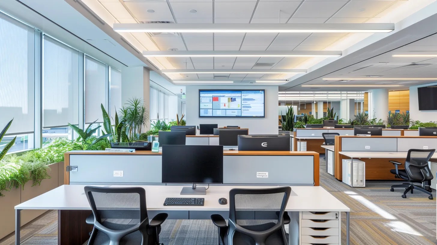 a modern office workspace features screens displaying a dynamic mobile device management dashboard, with focused professionals collaborating on device security and compliance, illuminated by sleek overhead lights.