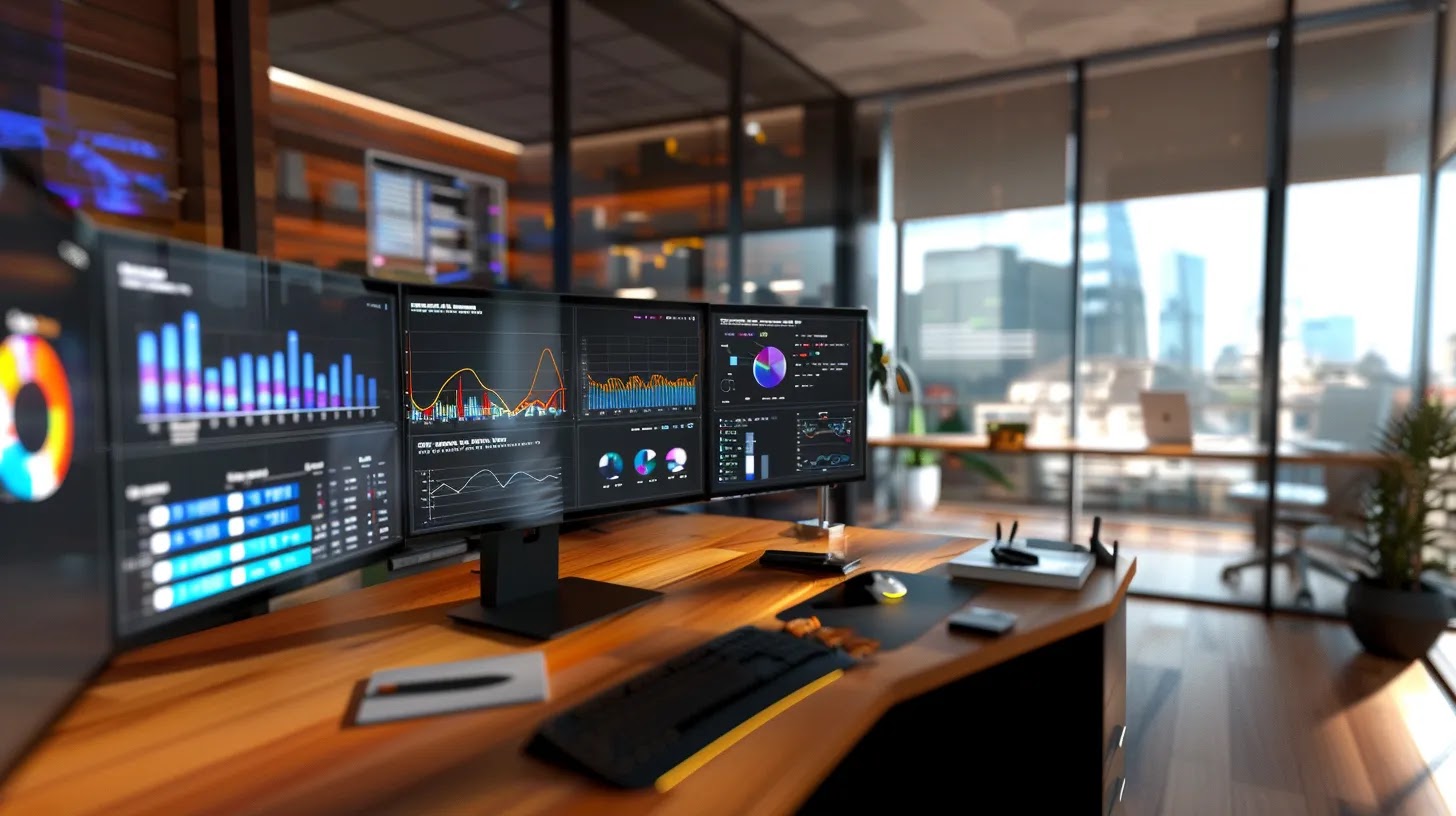 a modern tech office features a sleek workstation showcasing a vibrant digital dashboard, illustrating dynamic and static analysis graphs, with the java virtual machine interface prominently displayed on multiple screens, emphasizing advanced sandboxing techniques in cybersecurity.