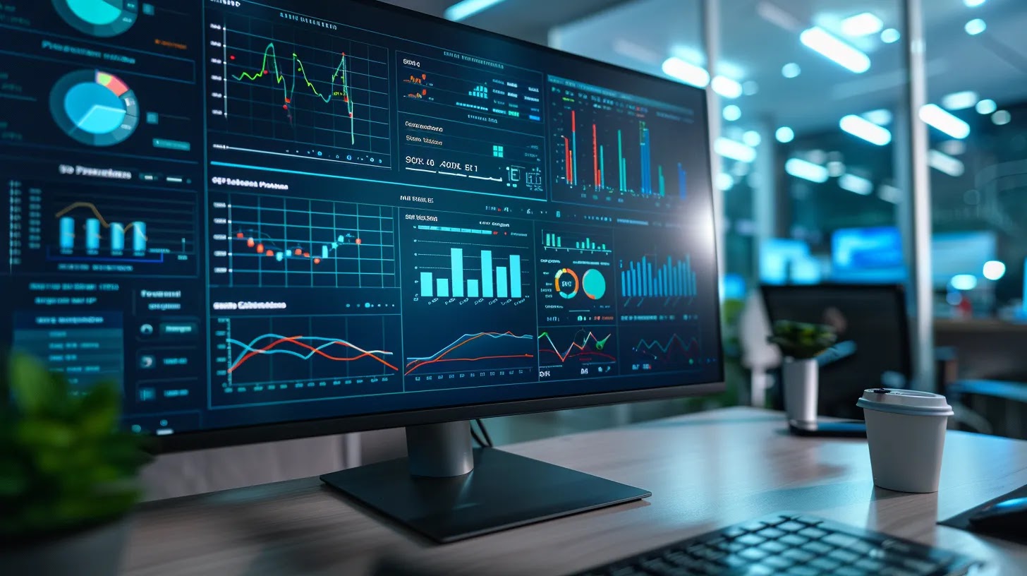 a sleek, modern office environment showcases a large digital screen displaying dynamic, colorful dashboards and graphs that represent automated risk assessments and threat detection, symbolizing the advanced capabilities of cloud security posture management tools.