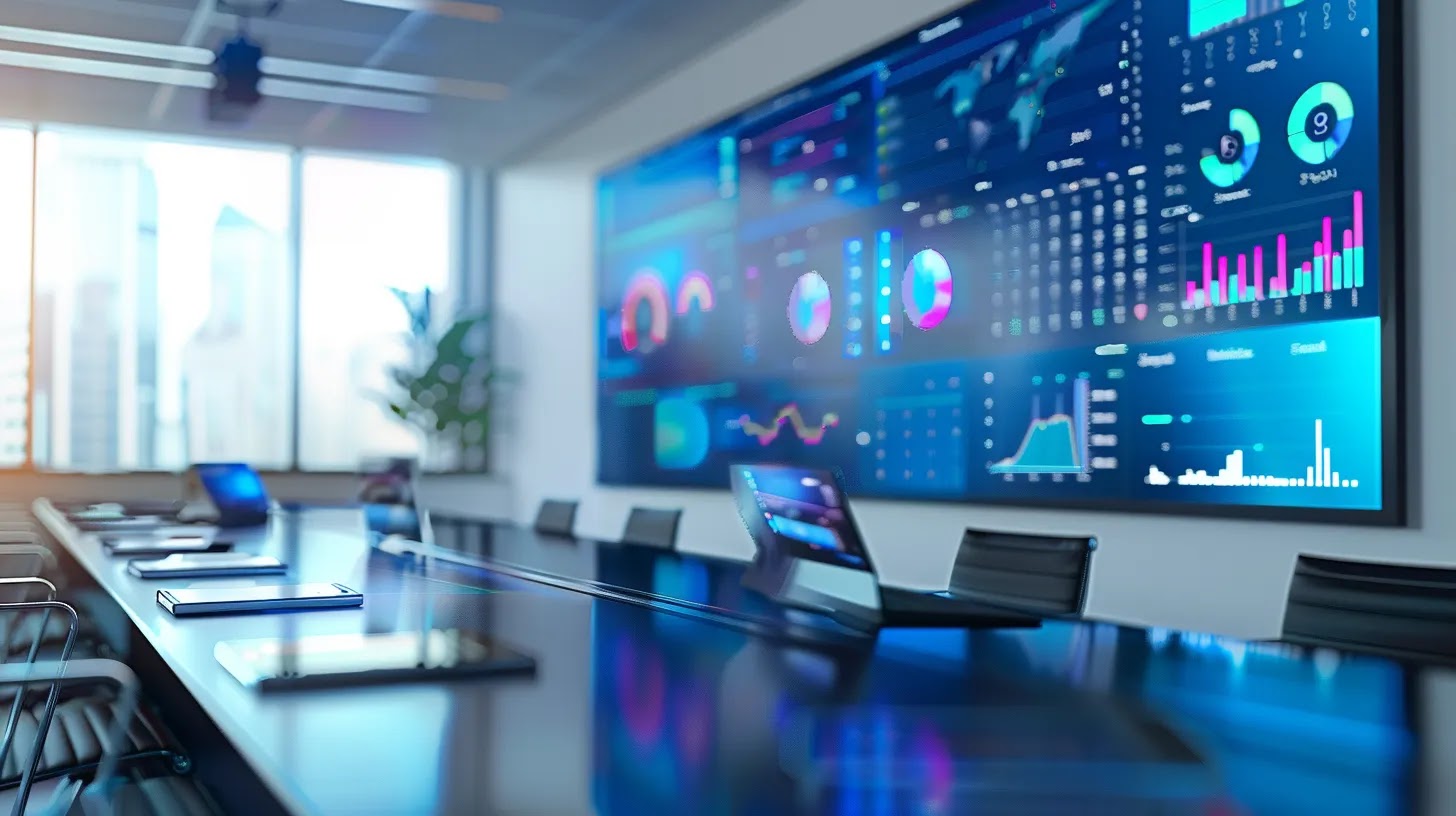 a high-tech conference room filled with sleek devices displaying a complex mdm dashboard on a large screen, showcasing the integration of ai tools while emphasizing data privacy and security challenges in a modern corporate setting.