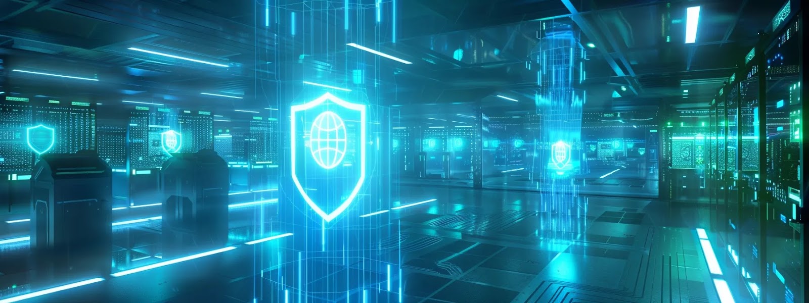 a sleek, digital representation of a secure network environment, showcasing interconnected nodes and a prominent demilitarized zone (dmz) shield symbol, illuminated by soft blue and green lighting to evoke a sense of advanced technology and cybersecurity.