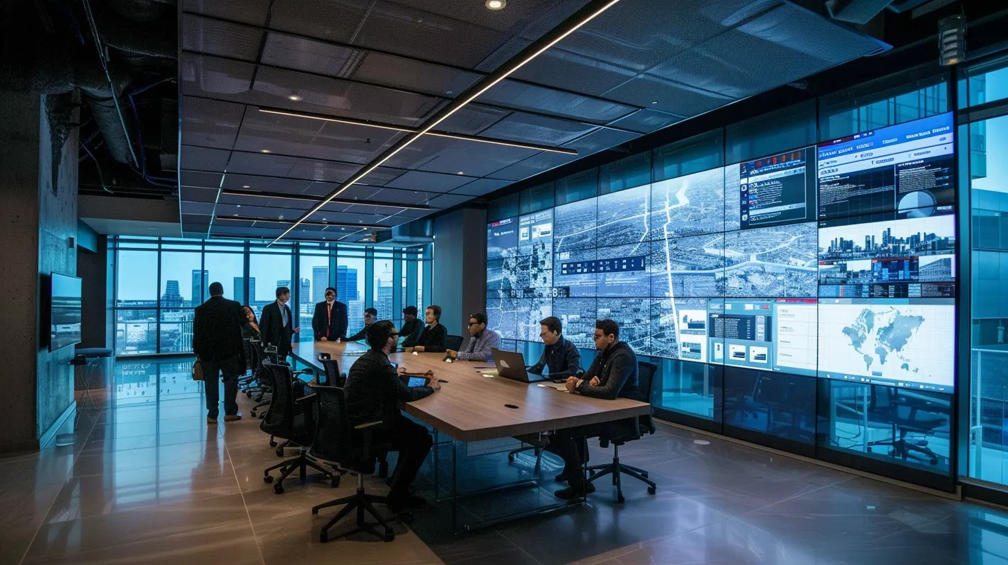 a high-tech office environment showcases a team of cybersecurity professionals engaged in a dynamic discussion around a large screen displaying data analytics and security protocols for protecting iot devices against botnet threats.