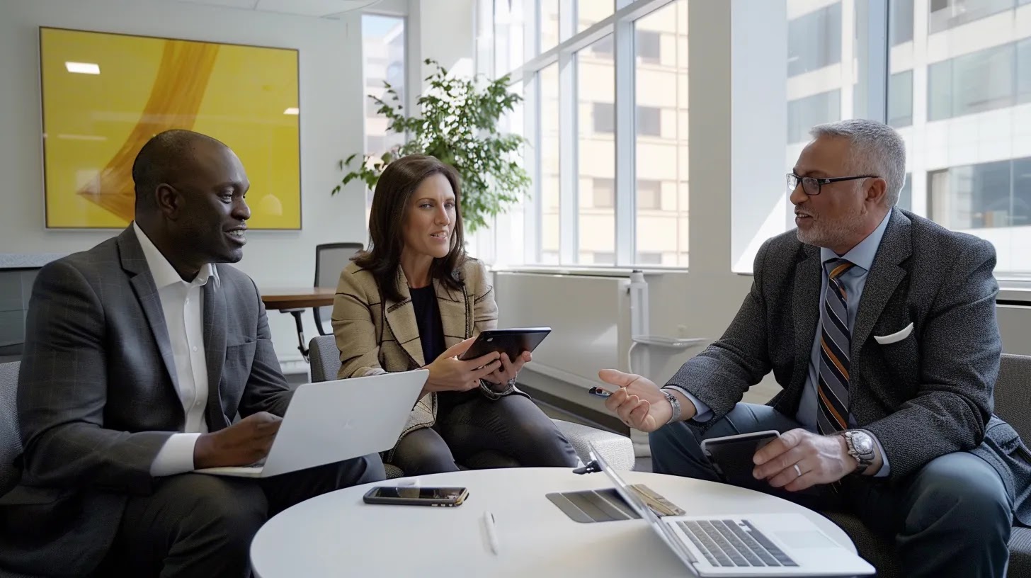 a sleek, modern office setting features a diverse group of professionals engaged in a collaborative discussion around digital tablets and laptops, showcasing the dynamic integration of mobile device management (mdm) systems to enhance organizational efficiency and security.