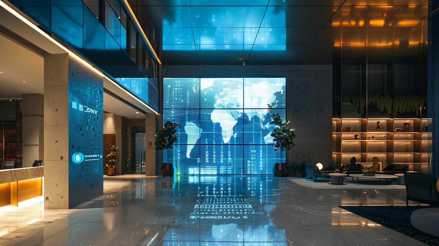 a visually striking image of a high-tech office environment showcasing a large digital display highlighting iot communication protocols with security vulnerabilities, including visual indicators for eavesdropping risks and weak authentication, illuminated by sleek artificial lighting that emphasizes the urgency of robust security measures.