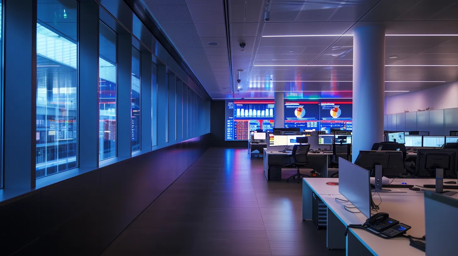 a dimly lit office filled with screens displaying complex data graphs and security alerts, highlighting the stark threat posed by iot botnets infiltrating network infrastructure.
