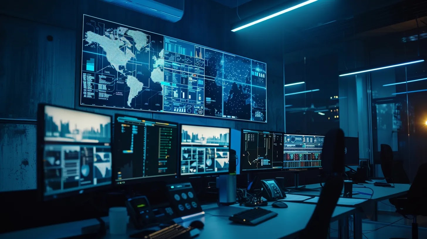 a sleek, modern cybersecurity control room featuring multiple screens displaying sandboxing techniques in action, with visual data analyses and isolated environments illuminated by cool, ambient lighting, emphasizing the crucial role of cybersecurity in protecting sensitive systems.