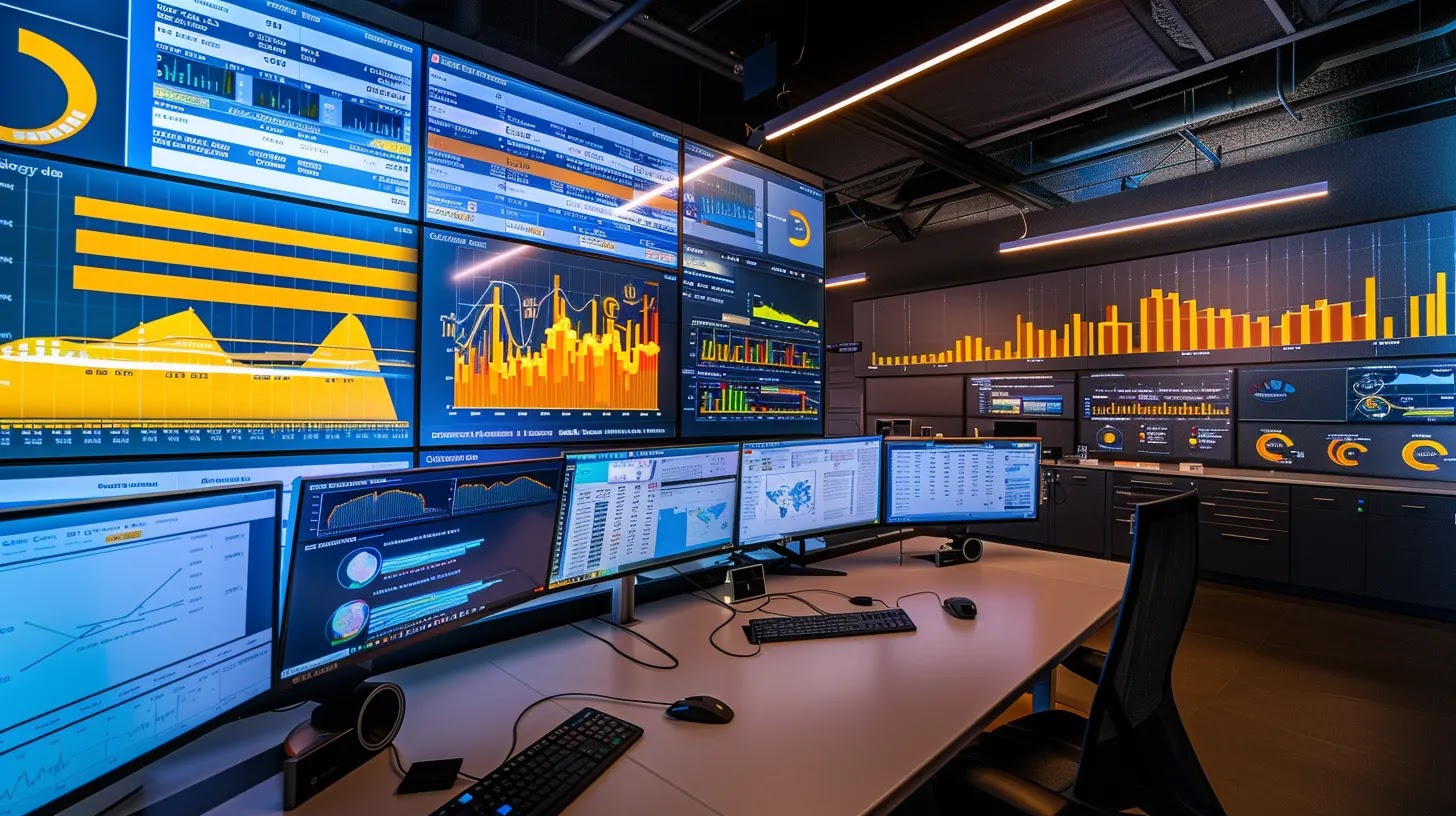 a sleek, modern office filled with high-tech devices displays a vibrant digital dashboard showcasing a mobile device management (mdm) system interface, with data visualizations and analytics prominently projected on a large screen.