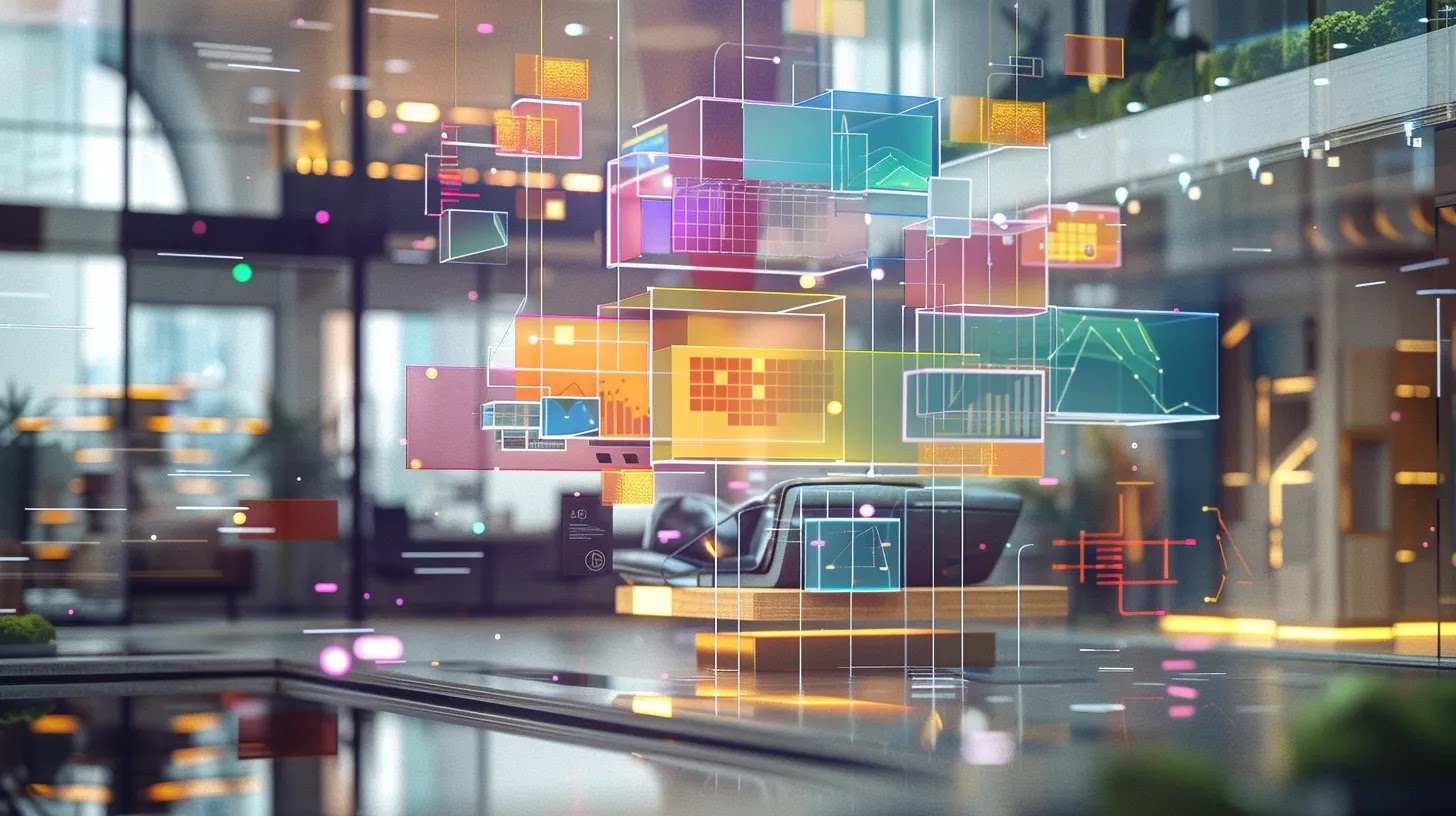 a detailed, high-tech infographic showcasing the osi model, with each of the seven layers visually represented in vibrant colors and labeled, set against a sleek, modern office background with digital screens displaying network diagrams and data flows.