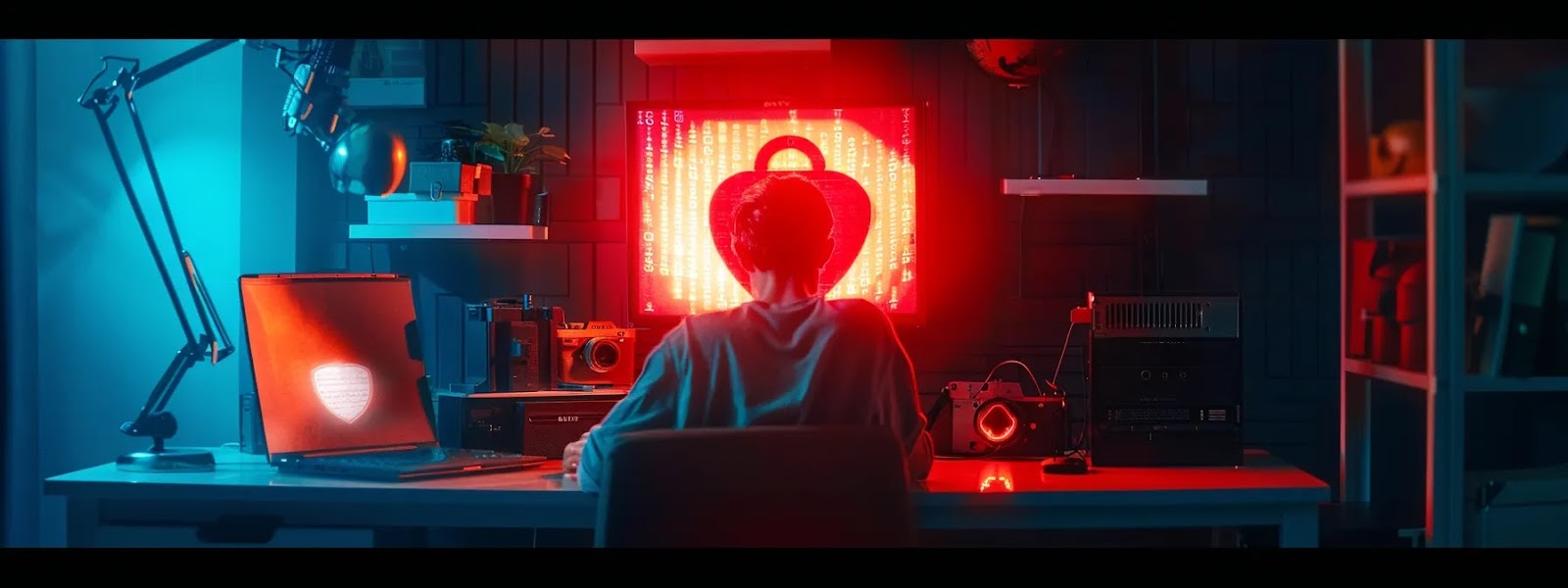 a person deleting a suspicious email with a red warning banner displayed, surrounded by a secure lock symbol and shield icon to illustrate proper response to phishing scams.