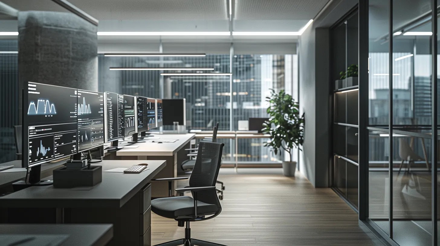 a modern office workspace features multiple screens displaying complex data visualizations and ai-driven security analytics, illuminated by sleek, ambient lighting that emphasizes the advanced technologies in cloud security posture management.