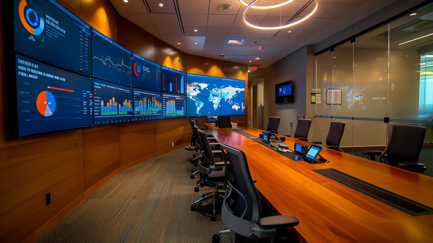 a sharp, modern office conference room with a large digital screen displaying cybersecurity graphs and analytics, conveying a sense of urgency and focus on the topic of indicators of compromise (iocs).