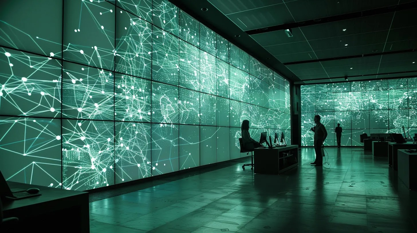 a sleek, modern office environment features a large digital screen displaying a complex, glowing network of interconnected devices and data flows, symbolizing the evolution and intricate nature of iot botnets in cybersecurity.