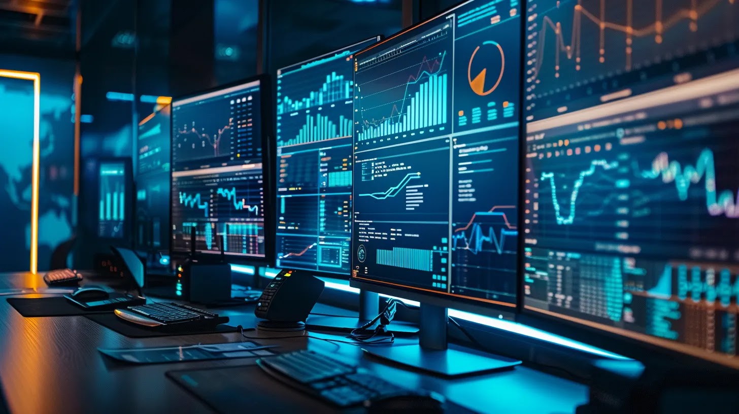 a sleek, modern cybersecurity operations center filled with multiple high-resolution screens displaying real-time data analytics and threat monitoring dashboards, illuminated by a cool blue light that conveys a sense of urgency and vigilance.