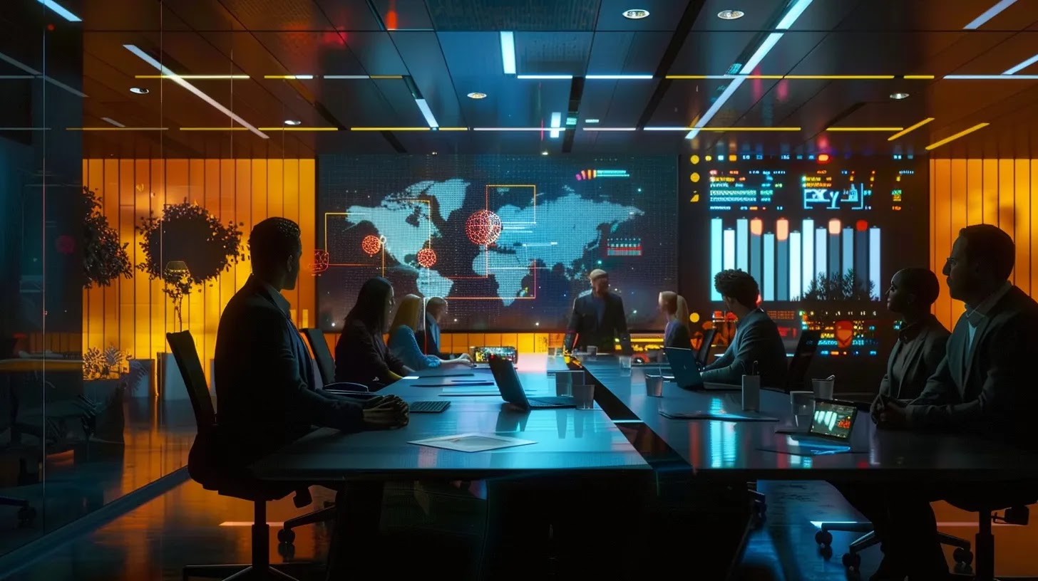 a modern office space showcases a sleek conference table surrounded by engaged professionals discussing a comprehensive cybersecurity strategy, with vivid data protection graphics and charts projected on a smart screen, emphasizing the urgency of mitigating removable media threats.
