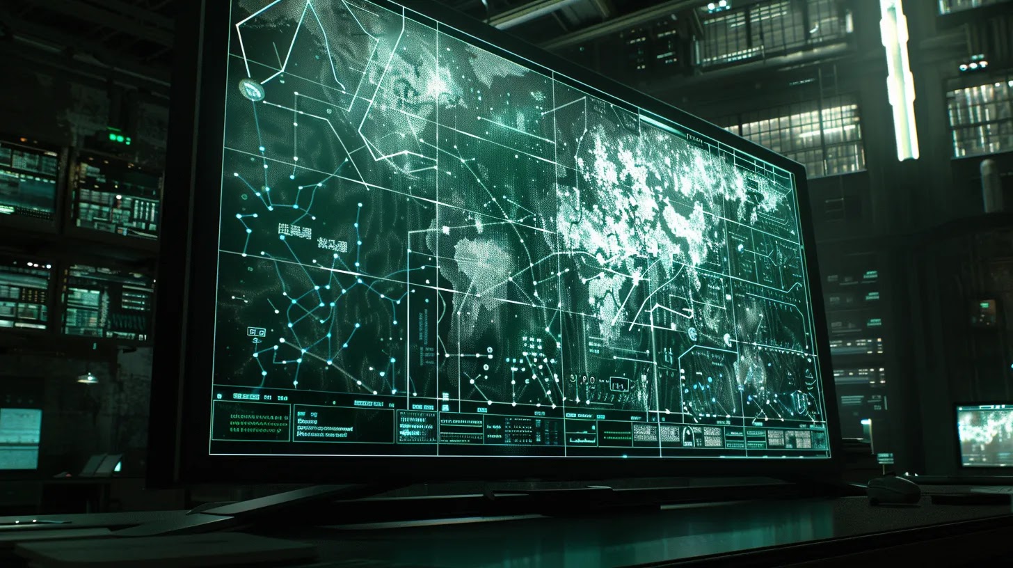 a dimly lit, high-tech office environment showcases a large screen displaying a digital map of interconnected iot devices, symbolizing the vast network of compromised gadgets under the control of cybercriminals amidst a backdrop of sleek, modern workstations.