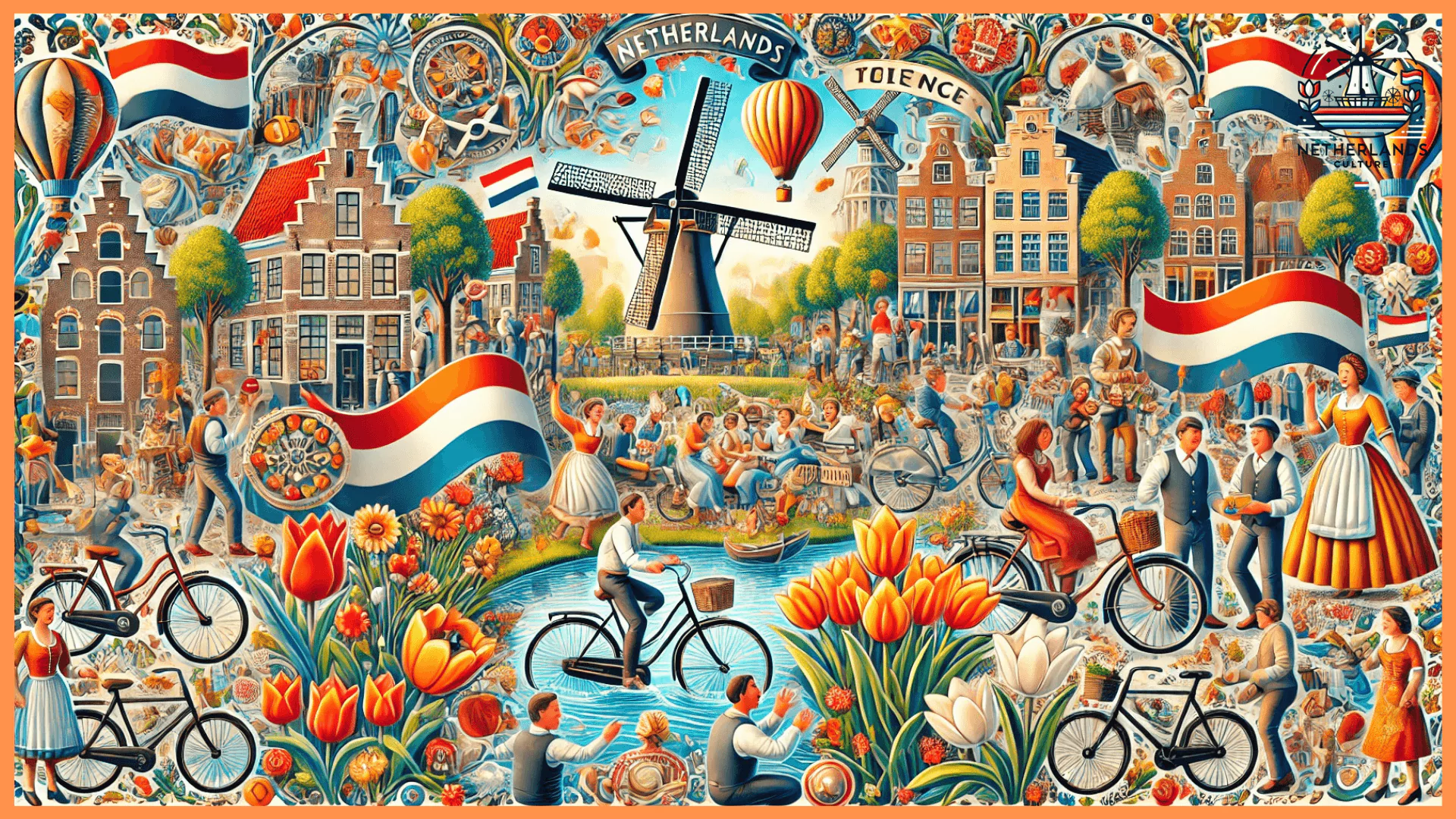 A vibrant illustration showcasing the cultural values of the Netherlands, featuring windmills, tulip fields, bicycles, canals, and a diverse group of people engaging in Dutch traditions. The scene highlights Dutch directness, tolerance, and community spirit in a welcoming city setting.