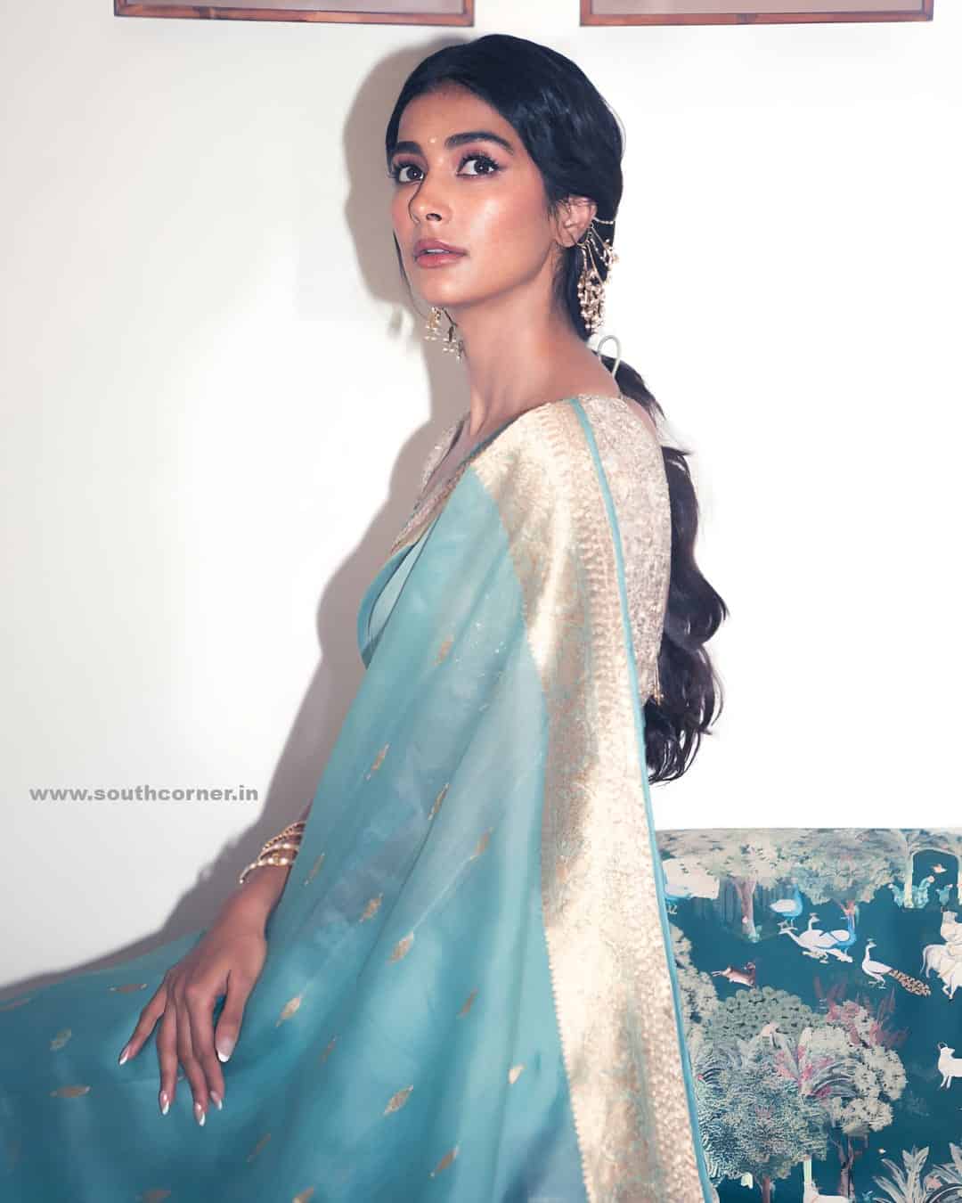 Pooja Hegde Mesmerizes in Pastel Blue Silk Saree with Golden Accents | Stunning Traditional Look