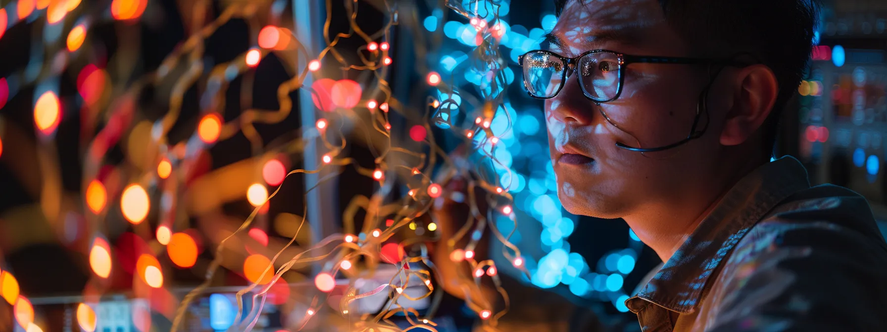 a cybersecurity analyst intensely monitors a complex network of glowing nodes to detect potential intrusions.