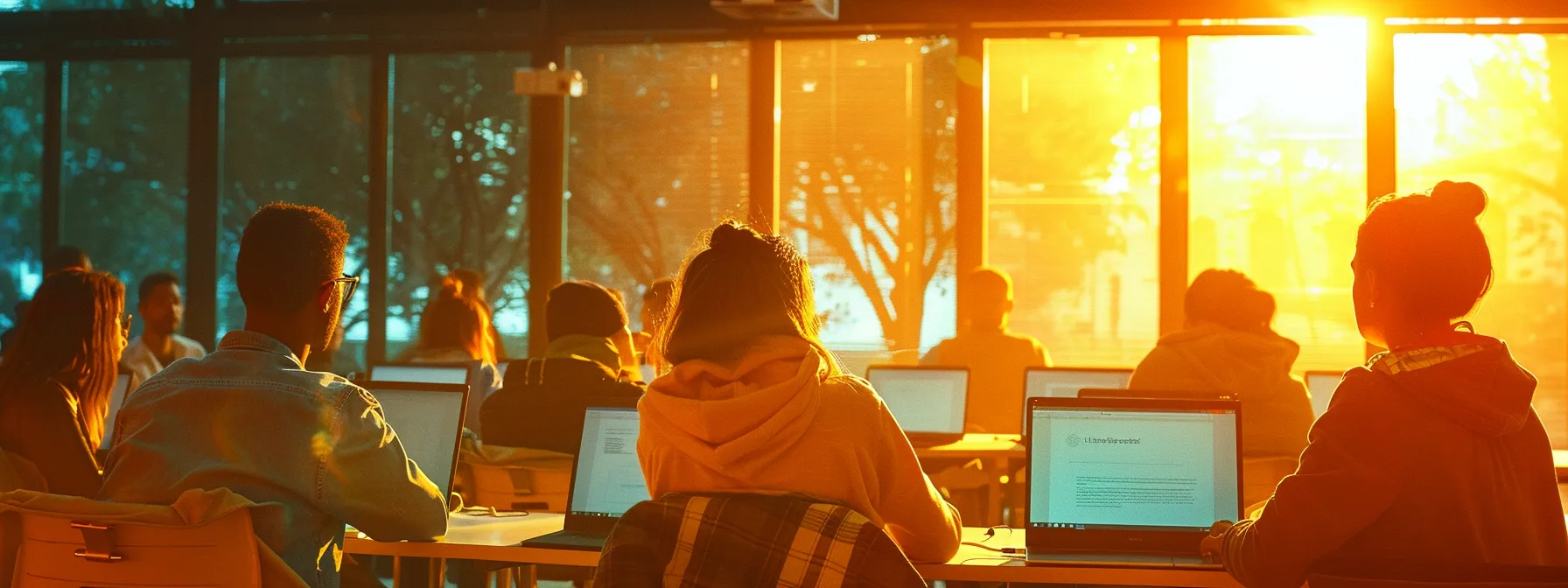 a diverse group of people studying cybersecurity best practices on laptops in a modern, brightly lit classroom.