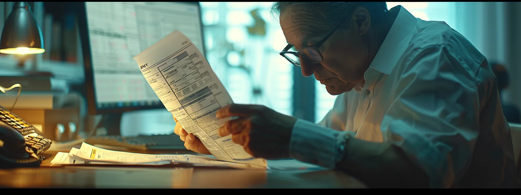 a person carefully reviewing bank statements and credit reports at a desk, surrounded by alert notifications and monitoring services on a computer screen.