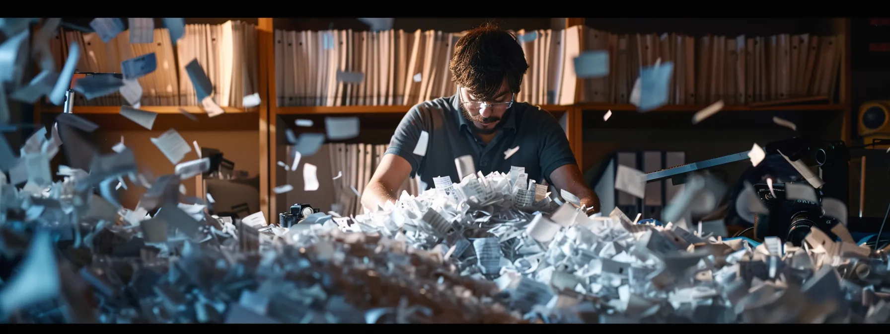 a person shredding a mountain of sensitive documents, surrounded by a pile of shredded paper.