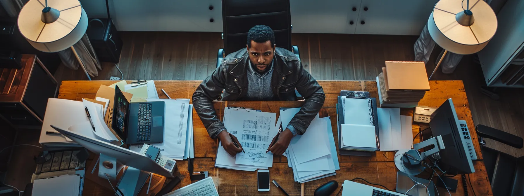 a person sitting at a desk surrounded by folders, a computer, and a phone, looking focused and determined while creating an effective response plan for identity theft.