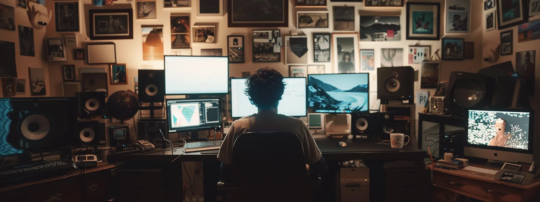 a person sitting at a desk surrounded by multiple computer screens displaying cybersecurity tools and technologies such as vpn encryption, antivirus software, and browser extensions.