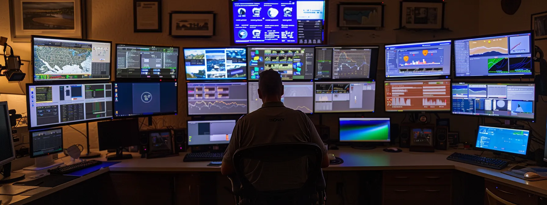 a vigilant cybersecurity expert monitors multiple computer screens displaying network security alerts in a dimly lit room.