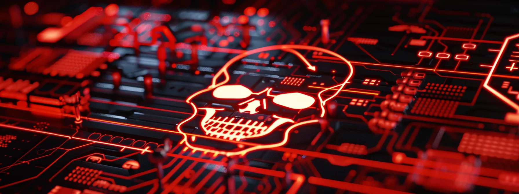 a dark and ominous computer screen displaying a menacing skull symbol surrounded by red warning signs, representing the dangers of malicious software.