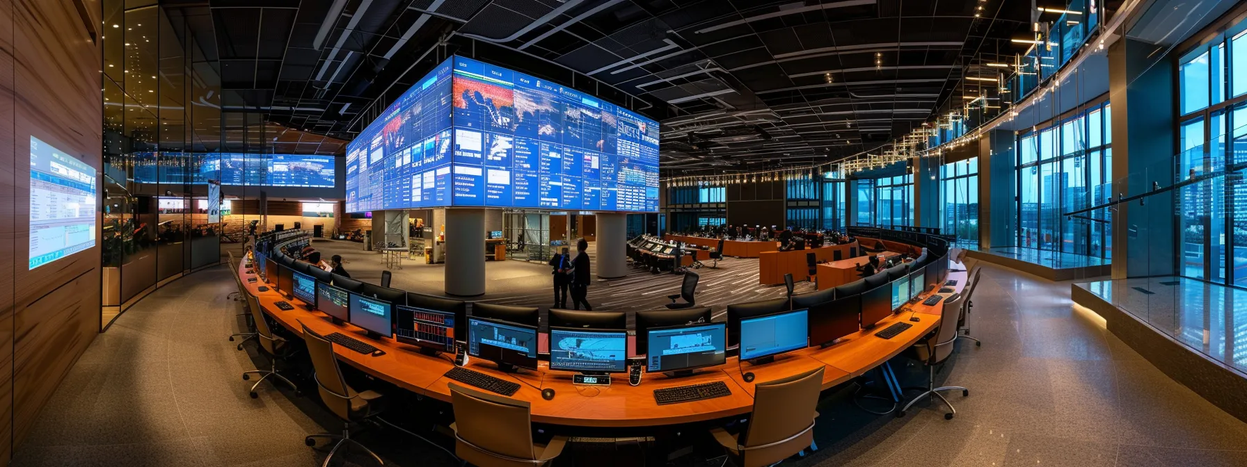 a futuristic network operations center with advanced ai-powered threat detection systems and analysts monitoring real-time cyber threats.