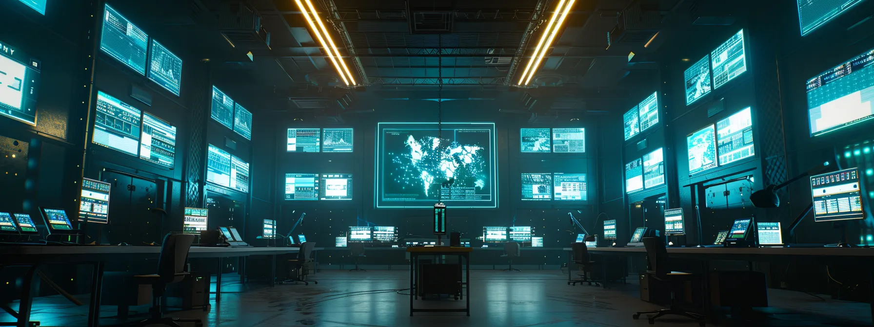 a futuristic network security control room with screens displaying real-time threat alerts, illuminated with advanced technology and sophisticated data analysis tools.