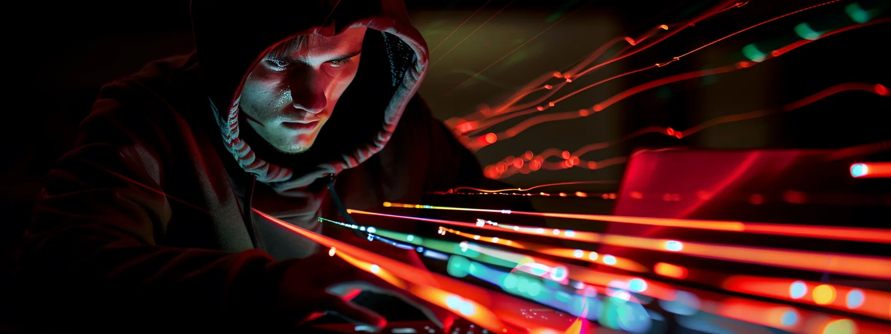 a hacker in a dark hoodie typing furiously on a laptop, surrounded by glowing screens showing lines of complex code and security alerts.