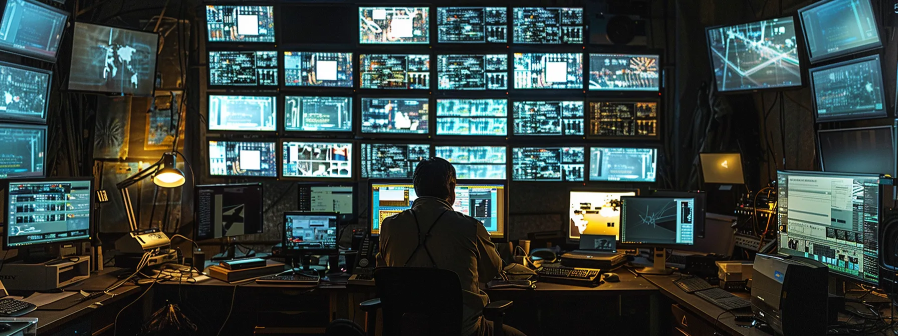 a network security analyst surrounded by multiple computer screens displaying real-time intrusion alerts and data patterns, diligently evaluating potential threats and adjusting response protocols.