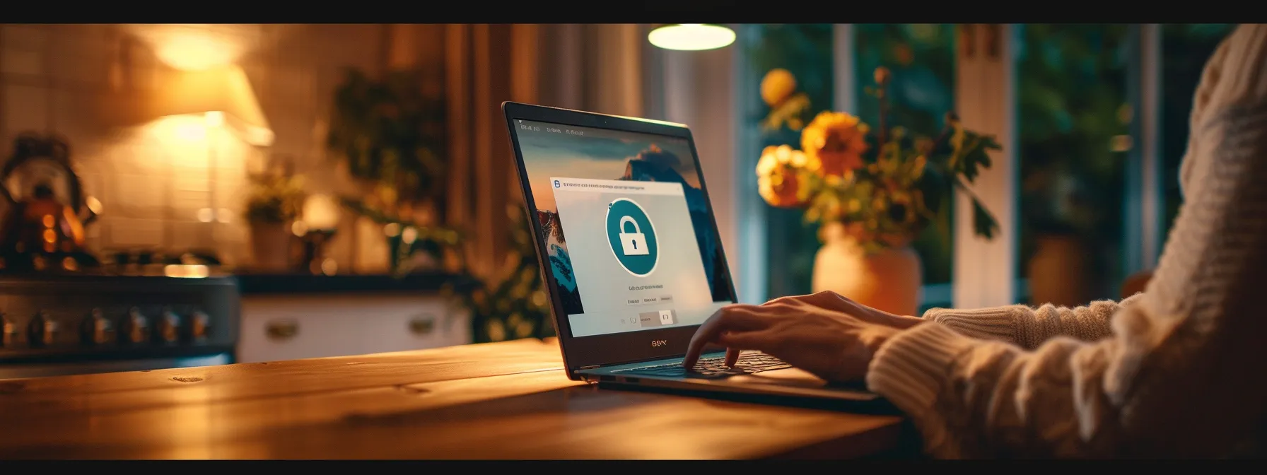 a person browsing safely on a laptop with a visible padlock icon in the browser's address bar.