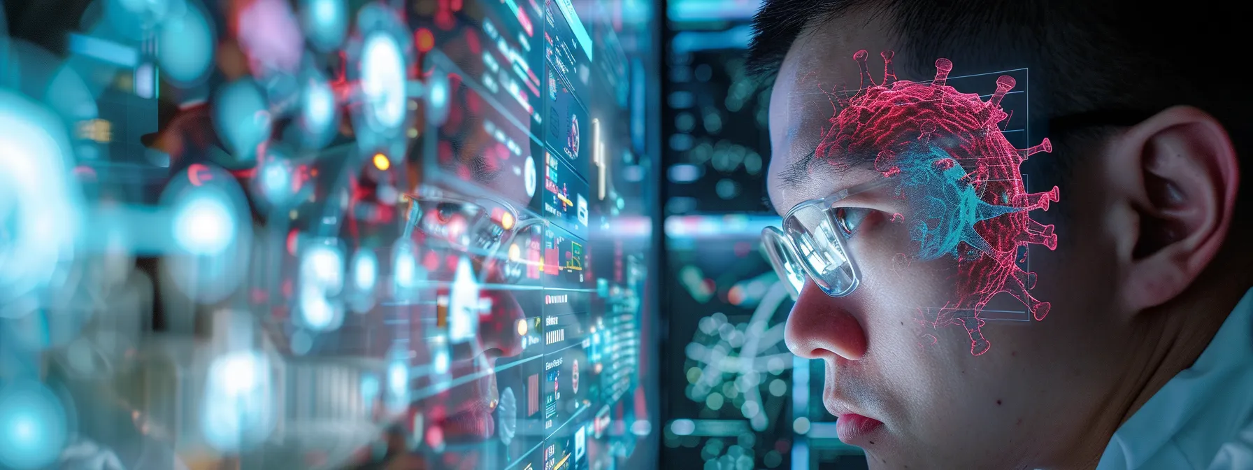 a person closely examining their computer screen with a focused expression, surrounded by antivirus software and network monitoring tools.