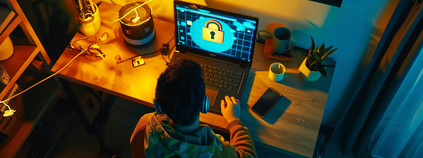 a person sitting at a desk, with a laptop showing a secure website, surrounded by a padlock, shield, and lock icon, emphasizing secure internet practices.