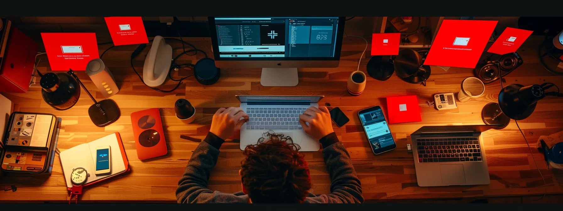 a person sitting at a laptop, surrounded by various devices, with bright red warning signs popping up on the screen indicating outdated browsers and extensions.