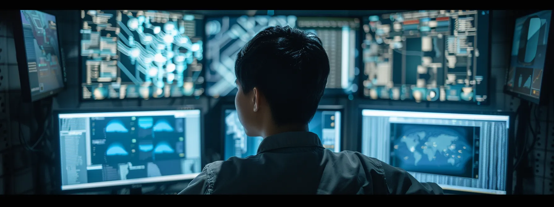 a person surrounded by futuristic technology, analyzing complex security algorithms to prevent data loss and protect computer systems from emerging threats like voice phishing and ransomware.