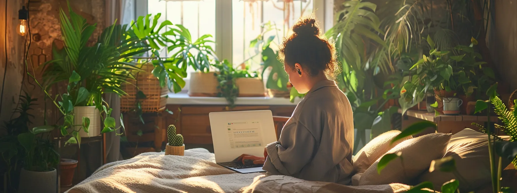 a person using a laptop in a cozy, well-lit room, surrounded by green plants and modern decor, engaging in secure browsing to enhance their digital footprint.