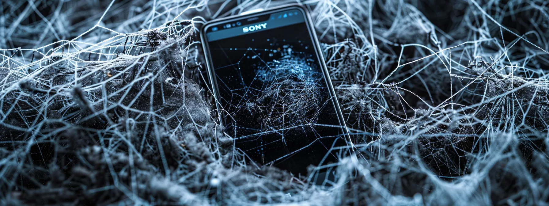 a smartphone surrounded by intricate webs symbolizing different mobile security vulnerabilities, emphasizing the importance of encryption tools.