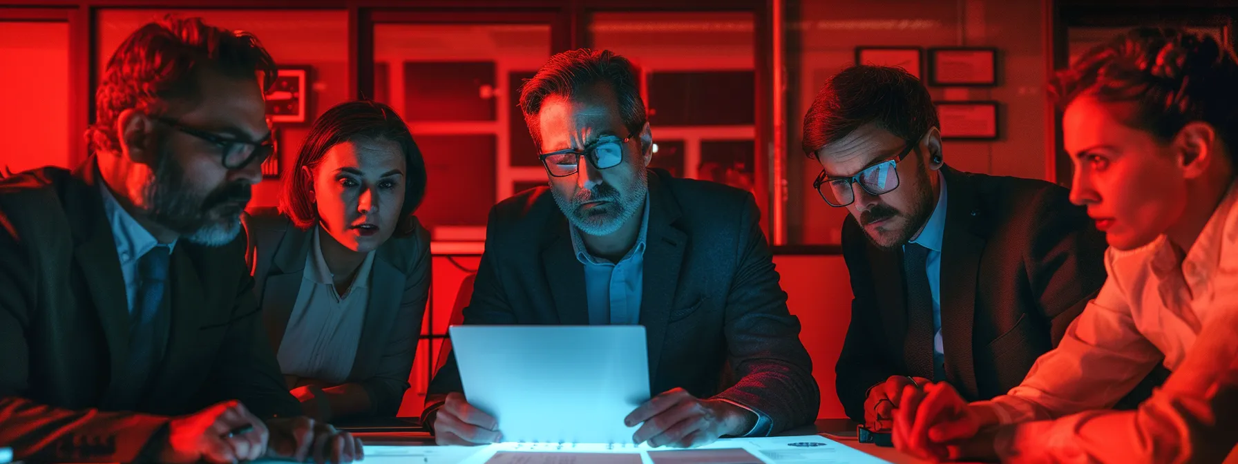 a group of business executives looking distressed as they examine financial documents, surrounded by ominous red warning signs and a computer screen displaying a phishing email.