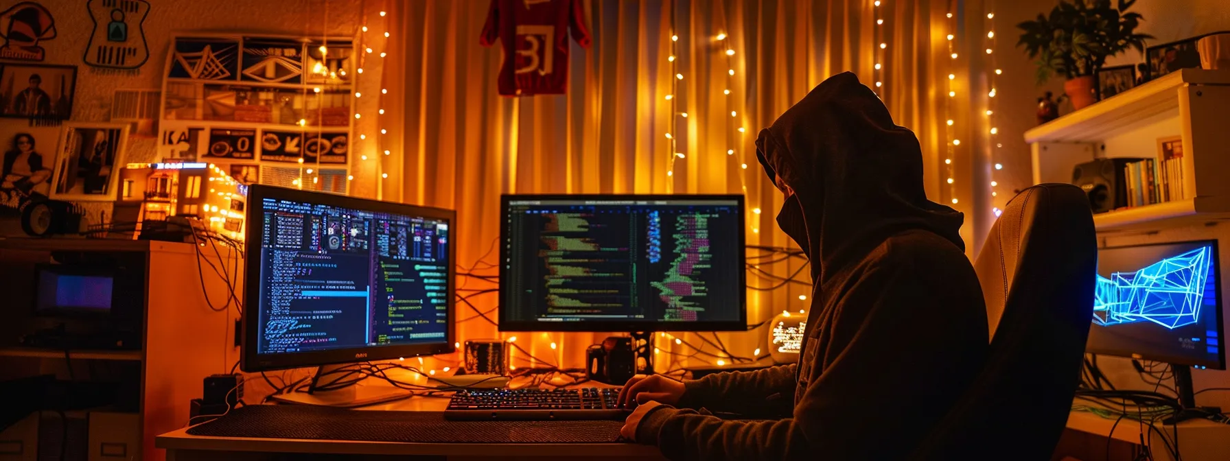 a hacker in a dimly lit room, surrounded by screens showing graphs, codes, and data, symbolizing the complexity of emerging cybersecurity threats.