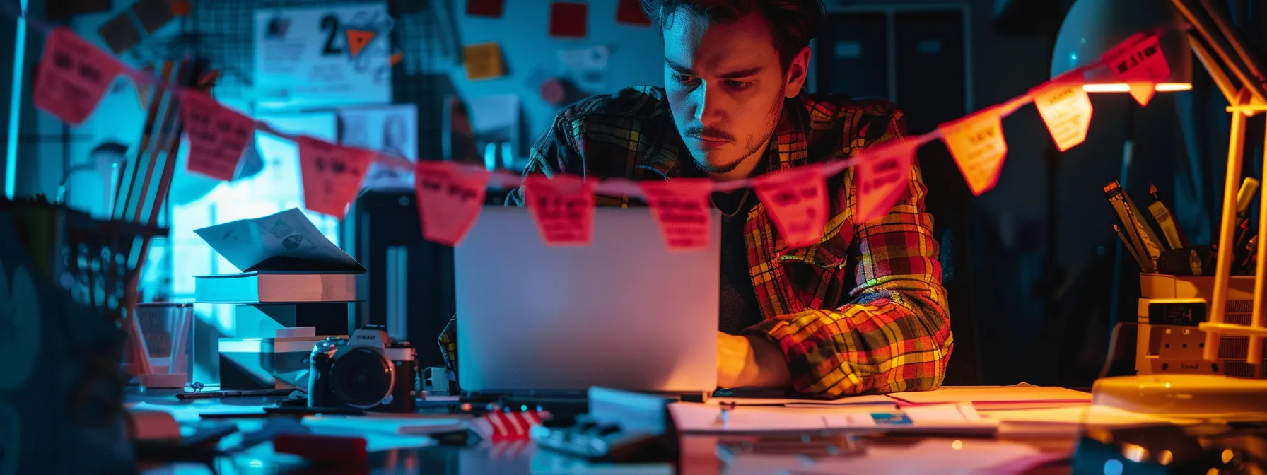 a person carefully examining a suspicious email with urgent communication tactics, unusual requests for sensitive information, and behavioral red flags, surrounded by warning signs and caution tape.