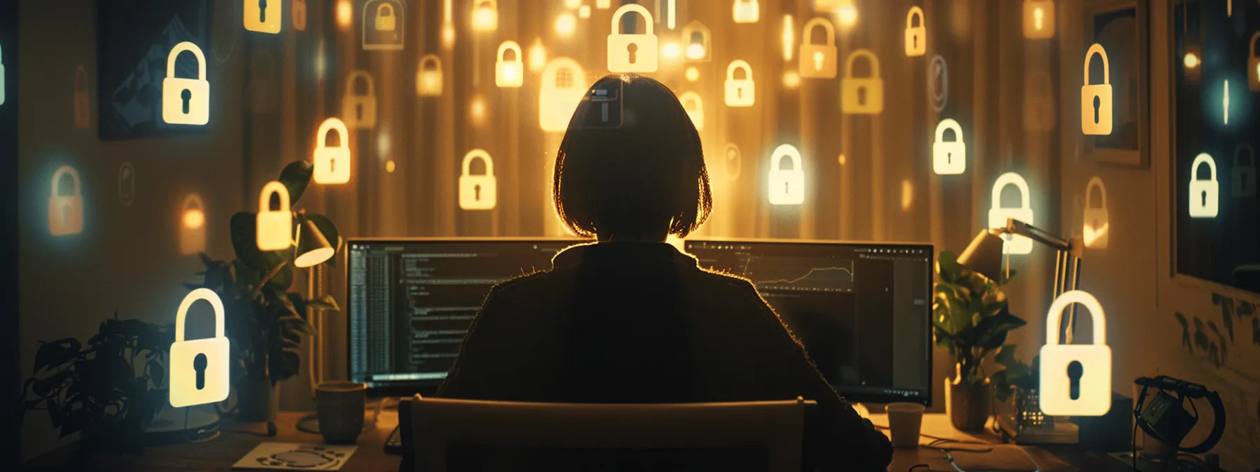 a person sitting at a computer, with a serious expression, surrounded by virtual locks and shields symbolizing secure browsing.