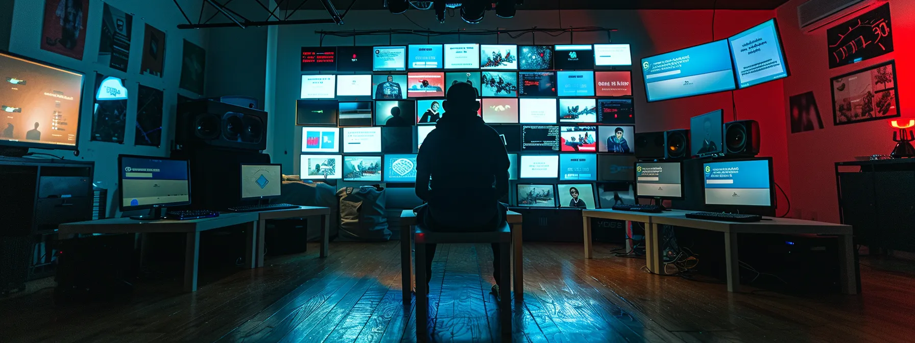 a person sitting in a dimly lit room, surrounded by computer screens displaying warning messages about malware, phishing, and ransomware.