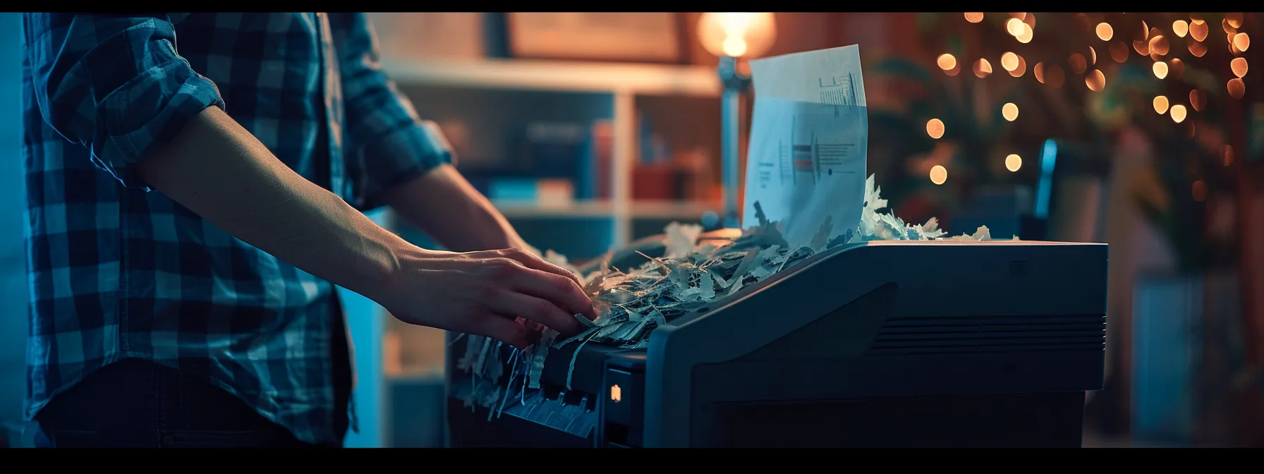 a person standing by a shredder, disposing of sensitive documents in a secure and organized manner.